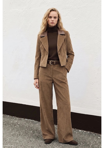 Sateen Yuksek Bel Kadife Pantolon Camel Taba