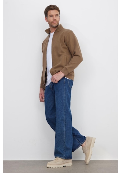 Tudors Unisex Relax Fit Rahat Kesim Pamuklu 3 İplik İçi Polarlı Fermuarlı Kahverengi Cepli Sweatshirt Hırka-41677 Kahverengi