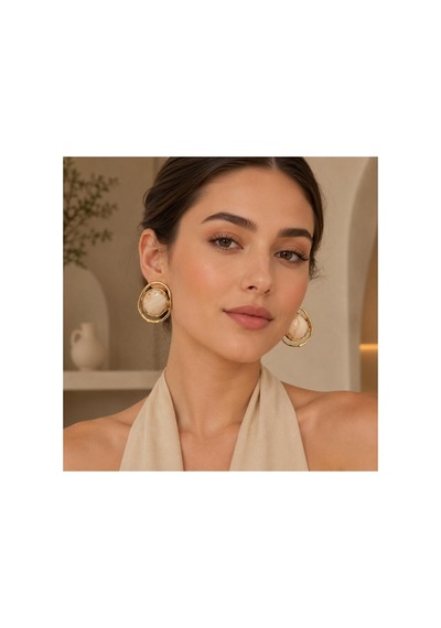 Gold Çerçeveli Krem Taşlı Kadın Küpe Mermer Görünümlü Krem - 886705031 Krem - 886705031 Krem