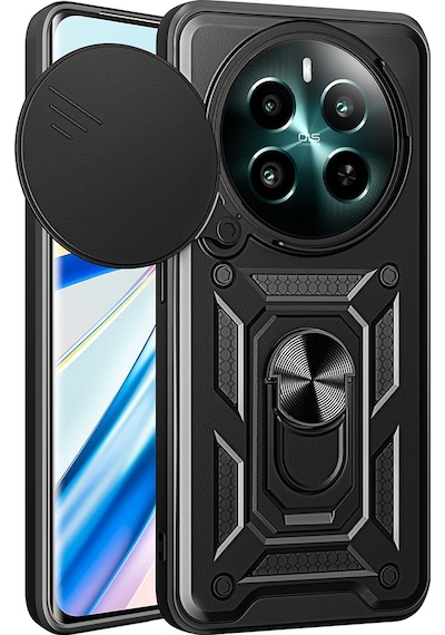 Realme 12 Kılıf Magnetik Standlı Kamera Korumalı Zore Sürgülü Vega Kapak Siyah