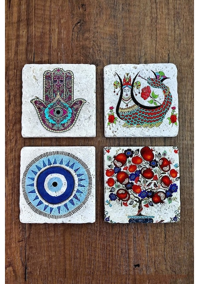 Taş Bardak Altlığı Nar Ağacı Şahmeran Nazar Hamsa Baskılı Baskılı 4'lü Set - Stone Coasters Çok Renkli