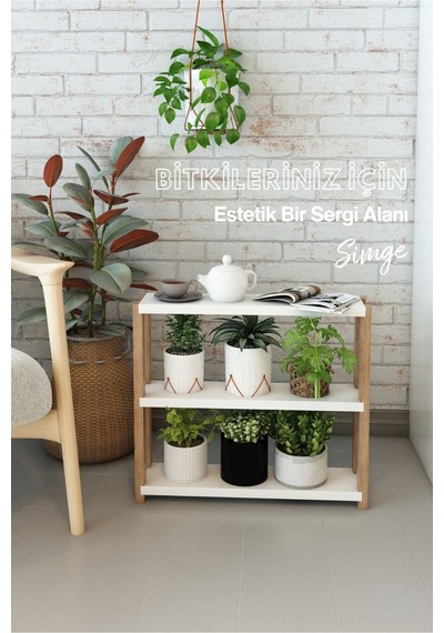Simge Beyaz Ahşap 3 Katlı Çiçeklik, Saksılık, Çiçek Standı, Dekoratif Raf / Çok Amaçlı Kullanım Beyaz - 652232159 Beyaz
