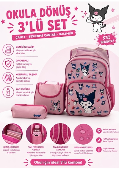 Kuromi Desenli Pudra Renk Üçlü Kız Çocuk İlkokul Okul Çantası + Termal Beslenme Çantası + Kalemlik Pudra Pembe