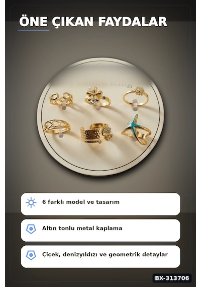 Pirinç 7-8 Numara 6 Adet Tonlu Yüzük Seti - Bijuteri Takı Aksesuar Hediyelik Bx-313706 Çok Renkli