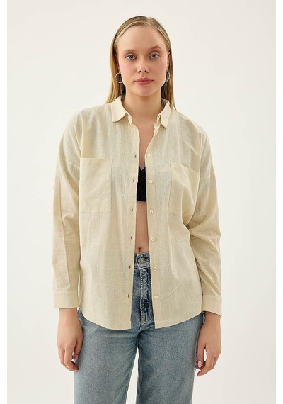 Vitrin Basic Oversize Önden Cepli Gömlek Taş