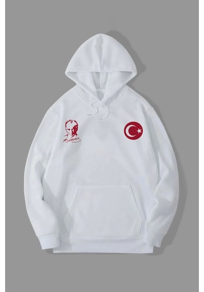 Etiler Collection 10 Kasıma Özel Üç İplik Kapşonlu Baskılı Sweatshirt - Beyaz