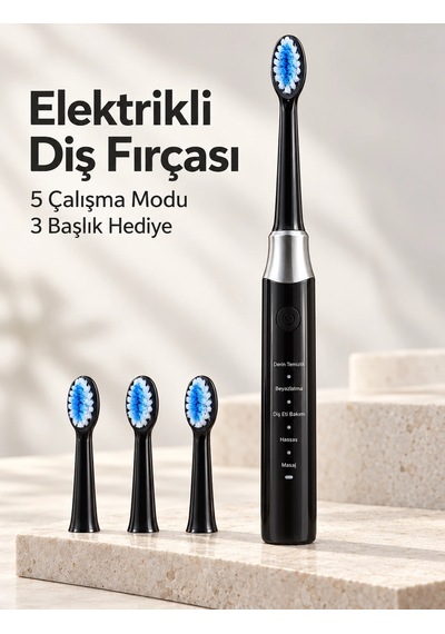 Kargo Hassas Ve Masaj Modlu Siyah Elektrikli Diş Fırçası Usb Şarjlı 3 Başlık Hediyeli Najmaddin