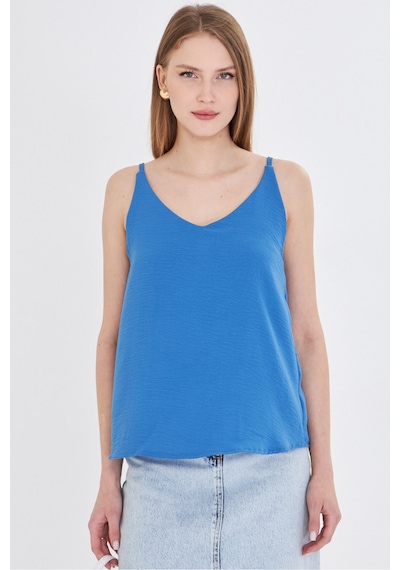 Armonika Kadın Mavi Keten Görünümlü Askılı Bluz Arm-24y001064