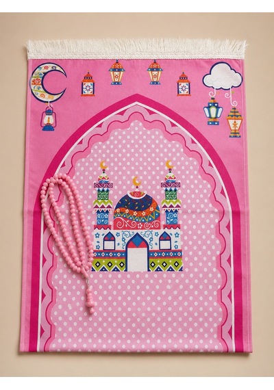 Çocuk Seccade Tesbih Namaz Seti Çantalı Seccade Ve 99'lu Tesbih Pembe