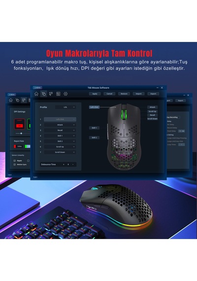 T66 Kablosuz 3 Modlu Mouse-650 Mah Batarya - 12000 Fps - 20g - Rgb Aydınlatma Diğer