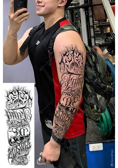 Gotik Yazılı Tam Kol Kaplama Geçici Dövme - 48 Cm Suya Dayanıklı Tattoo Siyah