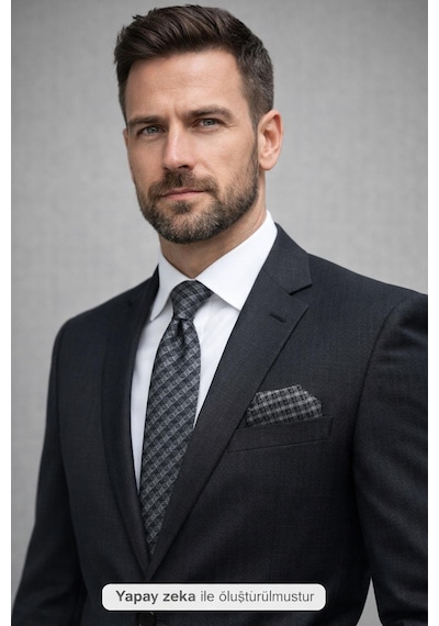 Gaffy Füme Küp Desenli Gri Dokuma Kumaş Mendilli Slim Fit Kravat // Sdk-2605-3 Gri