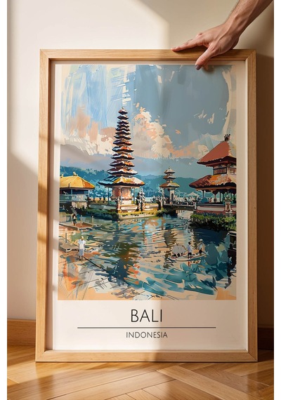 Endonezya Bali Temalı Çerçeveli Tablo Travel Serisi Modern İllüstrasyon Egzotik Duvar Dekoru Kayın