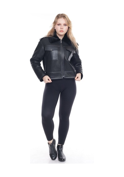 M M Marki Marki Siyah Kadın Hakiki Deri Ceket, Gömlek Yaka, Içi Kürklü, Crop Model, 57 Cm - 109522
