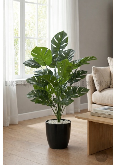 Biçiçek Yapay Monstera Deve Tabani 60 Cm Si̇yah Yakut Saksıda