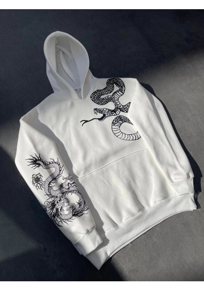 Mbb E-ticaret Kadın Oversize Kapüşonlu Kanguru Cepli Baskılı 3 İplik Pamuklu Sweatshirt Hoodie - Beyaz