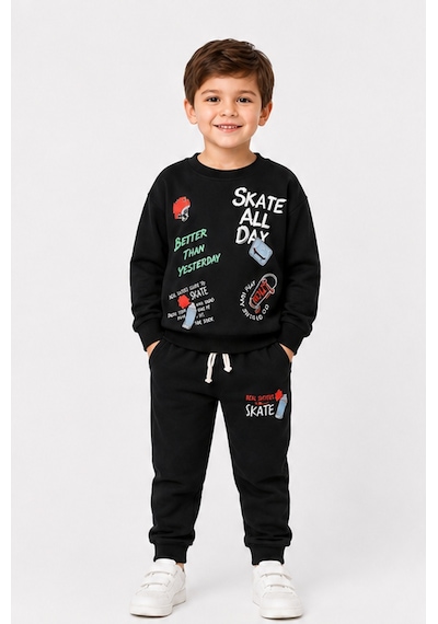 Ahengim Erkek Çocuk Kaykay Baskılı Sweatshirt Eşofman Altı 2 Li Takım 1-4 Yaş Ak115 Siyah