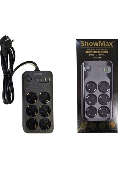Showmax Sh-4630 Termal Akım Korumalı Uzatma Kablosu 2 Mt 6 Priz + 2 Usb + 2 Type-c Priz 2