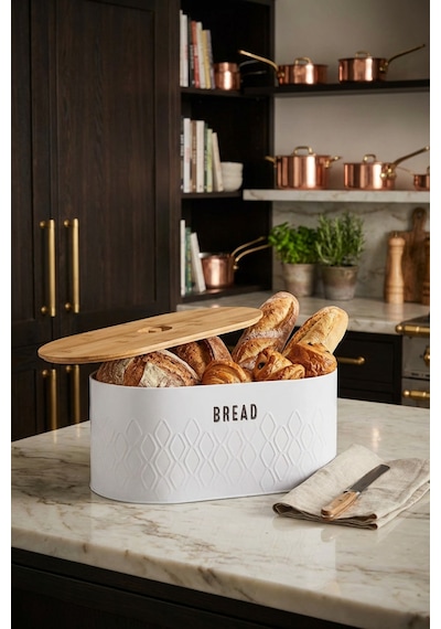 Makri Home Ekmeklik, Metal Ekmek Kutusu, Bambu Kapaklı Beyaz Ekmek Sepeti, 34 X 19 X 16 Cm Beyaz