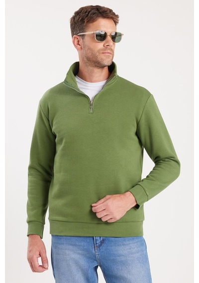 Tudors Unisex Relax Fit Rahat Kesim Pamuklu İçi Polarlı Yarım Fermuarlı Yeşil Dik Yaka Sweatshirt-35157 Yeşil