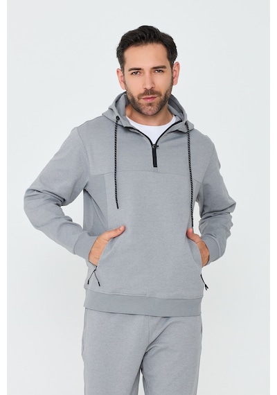 White Stone Gri Kapüşonlu Yarım Fermuarlı Yandan Cepli Erkek Sweatshirt Grey