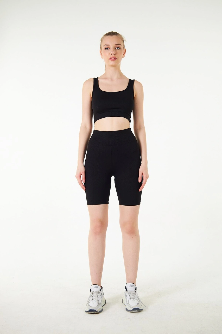 Thiff Gymwear Haki Yüksek Bel Toparlayıcı Kısa Şort Spor Fitilli Biker Tayt Siyah