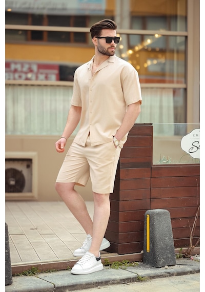 Madmext Bej Basic Erkek Şort Takımı 6729