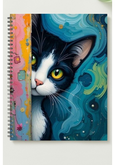Kedi Tasarım Temalı 4'lü Set A5 Metal Spiralli 2 Ad. Çizgili- 2 Ad. Kareli Karton Kapak Kedi Tasarım Temalı 4'lü Set Defter Çok Renkli