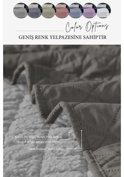 Premium Peluş Çift Kişilik Çok Amaçlı Yatak Örtüsü 200x220 Çift Taraflı Battaniye Pike Gri / Vizon
