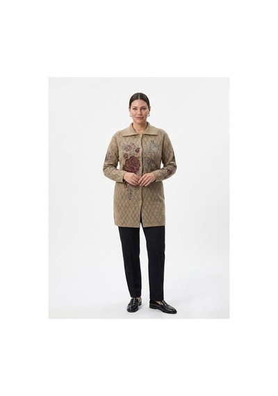 Onno Style Women Ekose Gül Pike Desenli Çelik Örgü Kadın Triko Kaban Bej