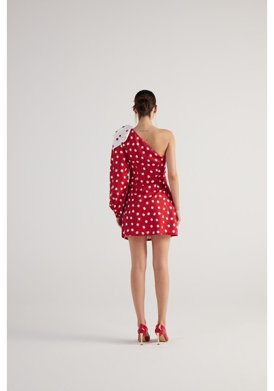 Holly Lolly Puantiyeli Çıkarılabilir Kurdele Aksesuarlı Tek Kollu Mini Polka Elbise Kırmızı