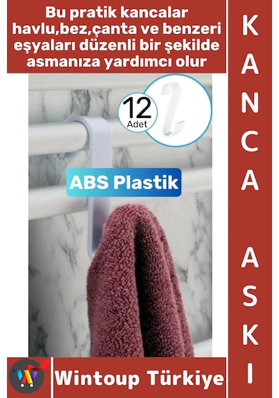 Askı Montajsız Çok Amaçlı Küçük Eşya Havlu Çanta Mutfak Banyo Abs Sert Plastik Kanca Askı 12 Adet