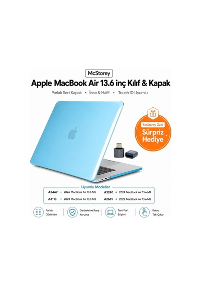 Macbook Air 13.6 İnç M2 M3 M4 M5 Uyumlu Sert Kılıf Ultra Şeffaf Hard Case A2681 A3113 A3240 A3449 Tam Uyum İnce Hafif Koruma Açık Mavi Belirtilmemiş