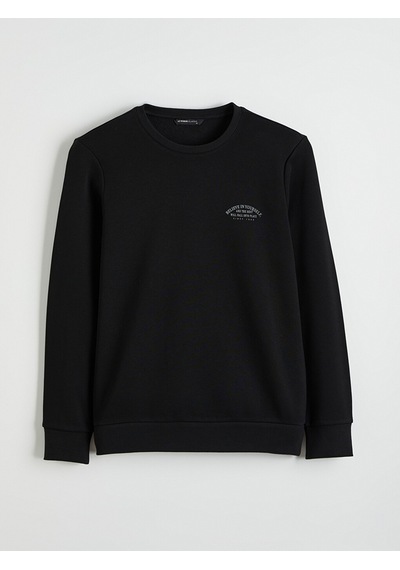 Lcwaıkıkı Classic Siyah Bisiklet Yaka Baskılı Erkek Kalın Sweatshirt