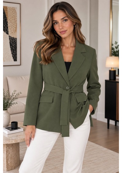 Lima Haki Kadın Kuşaklı Blazer Ceket Klasik Yaka Tek Düğmeli Cepli Şık Ceket