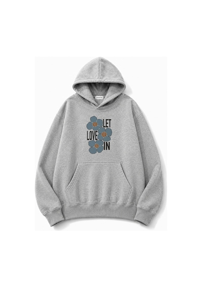 Herkesemoda Love Çiçek Baskılı Kapüşonlu 2 İplik Şardonlu Sweatshirt Gri