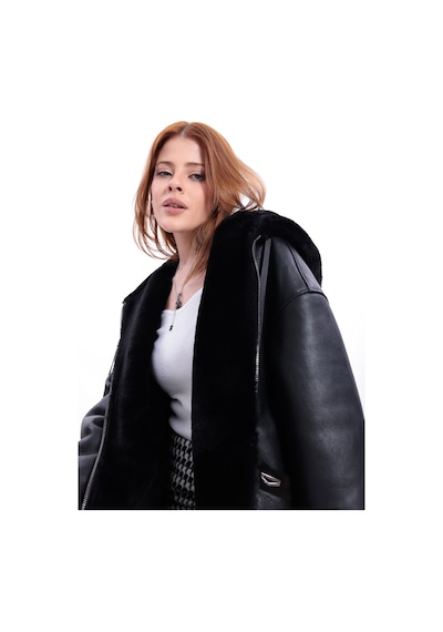 M M Marki Marki Hakiki Deri Kadın Mont Siyah İçi Kürklü Kapüşonlu Oversize Fermuarlı 67 Cm - 120322