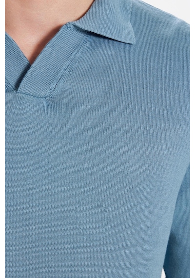Tudors Erkek Standart Fit Normal Kesim Polo V Yaka İndigo Triko Kazak-32626 İndigo