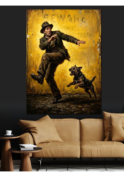 Köpekten Kaçan Adam Komik İllüstrasyon Dekoratif Kanvas - Mdf Ahşap Tablo