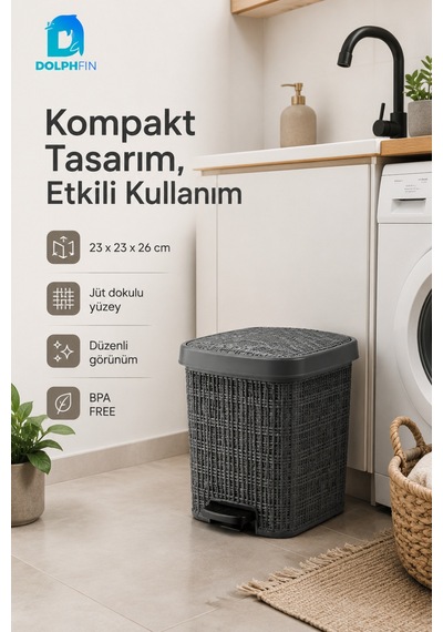 Jute Pedallı Çöp Kovası Kapaklı Banyo Mutfak Wc Ofis Atık Kovası 23x23x26 Cm Siyah