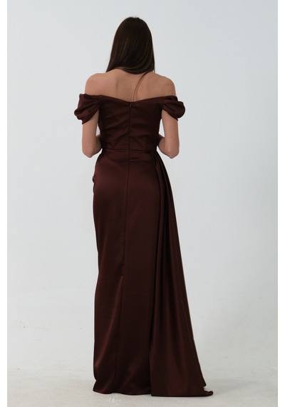 Feminist Kahve Drape Detaylı Saten Kumaş Abiye Elbise 9704858 Kahverengi