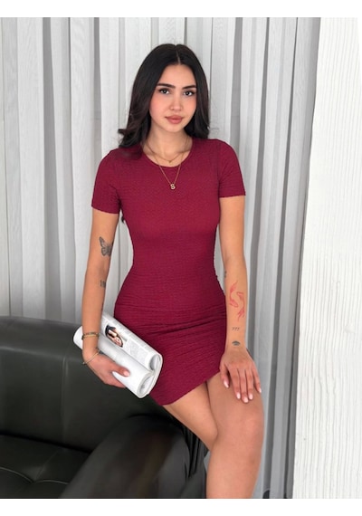 Bisiklet Yaka Kısa Kol Likralı Elbise - Bordo Bordo