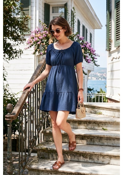 Lela Önü Büzgülü Balon Kollu Mini Bayan Elbise 5869005 Indigo
