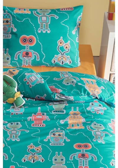 Eponj Home Tek Kişilik Pamuklu Nevresim Takımı 3 Parça Roboti Desen Yeşil / Yumuşak Dokulu Yeşil