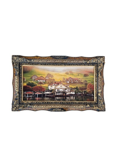Kıyı Evleri Ve Tekne Limanı Adlı İran Tebriz Halı Tablo 123x73cm - Duvar Halı Kilim Tablo
