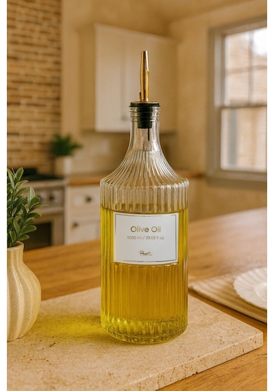 Vintage Çizgili Şeffaf Cam Sürahi Şişesi Sos Ve Sıvı Başlıklı 1000 Ml Şeffaf