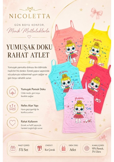 Nicoletta Kız Çocuk Atlet İp Askılı Baskılı Pamuklu Likral 178346 Pembe