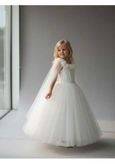 Zekids Kız Çocuk Kol Detaylı Prenses Model Abiye Elbise-17245 Beyaz