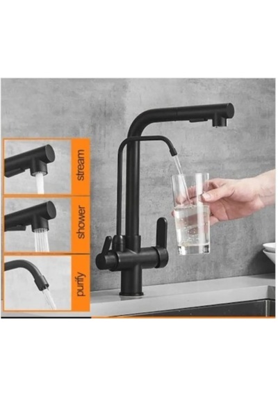 Mutfak Eviye Bataryası Dual Flow Su Arıtma Çıkışlı Siyah + Fıskiyeli