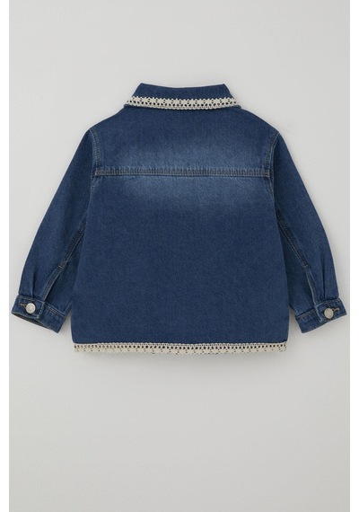 Breeze Kız Çocuk Jean Ceket Yaka & Alt Kısmı Güpür Cep Kapak Detaylı 3-7 Yaş, Mavi Mavi
